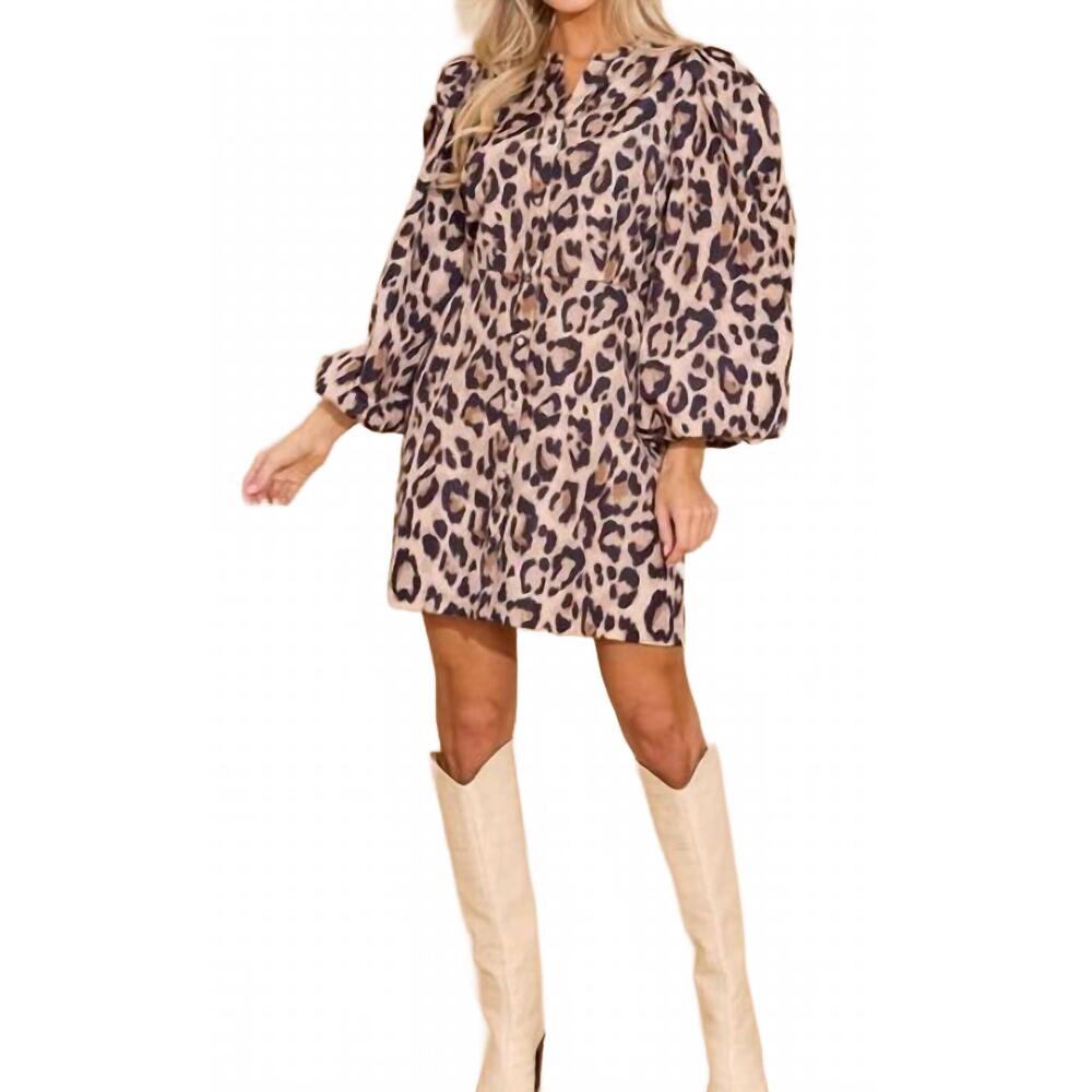 Leopard Print Puff-Sleeve Mini Dress in Beige